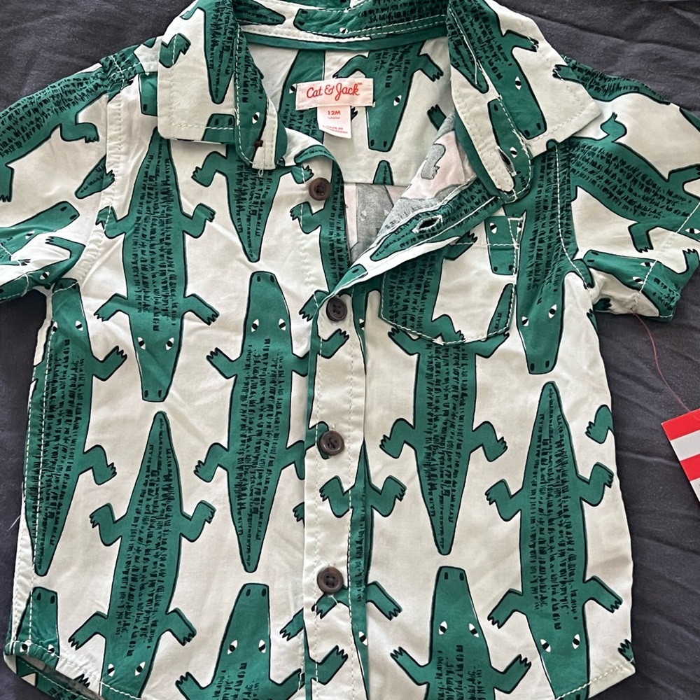 Cat & Jack Green Crocodile-Print Short Sleeve Button Shirt